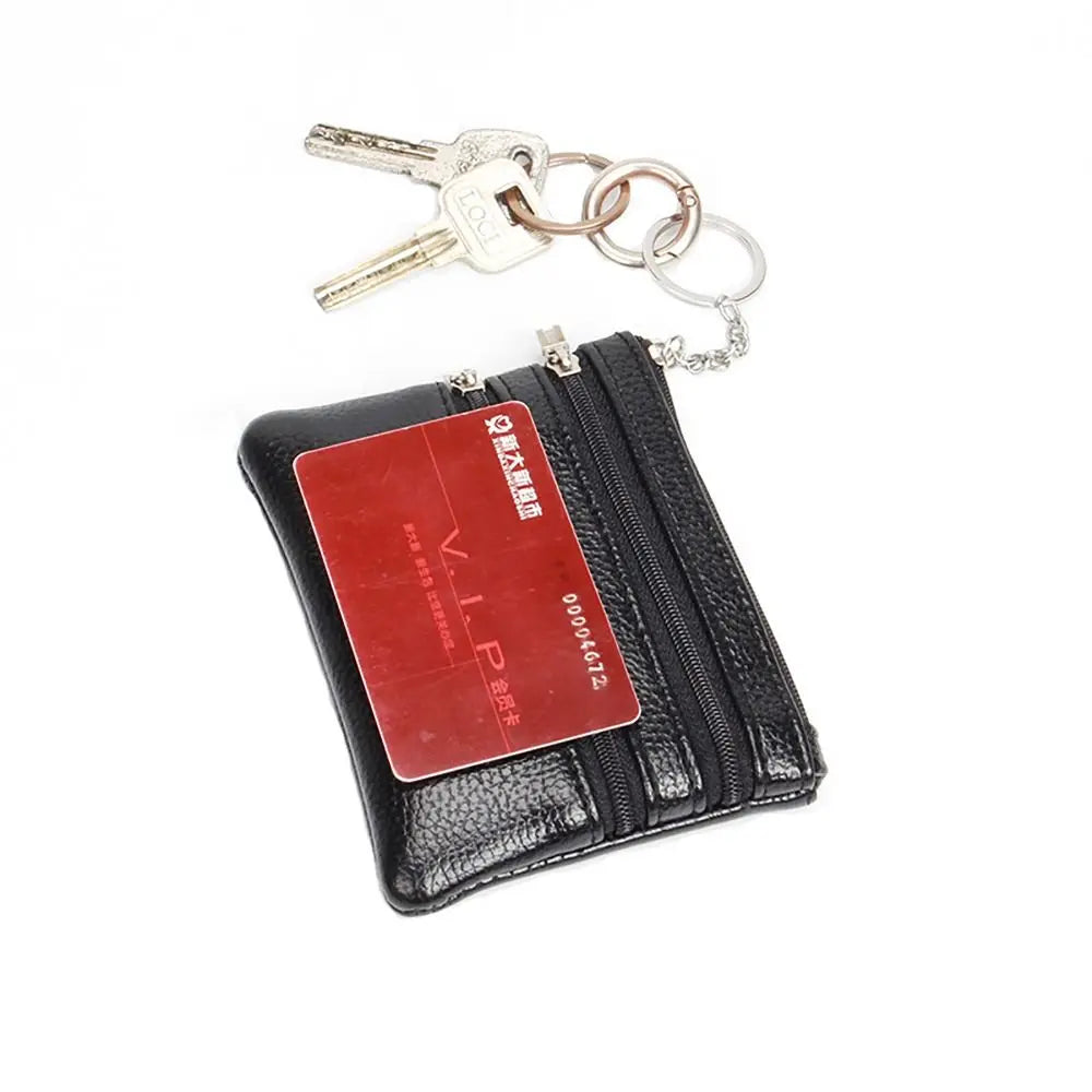 Compact Faux Leather Wallet with Keyring and Triple Zipper Closure