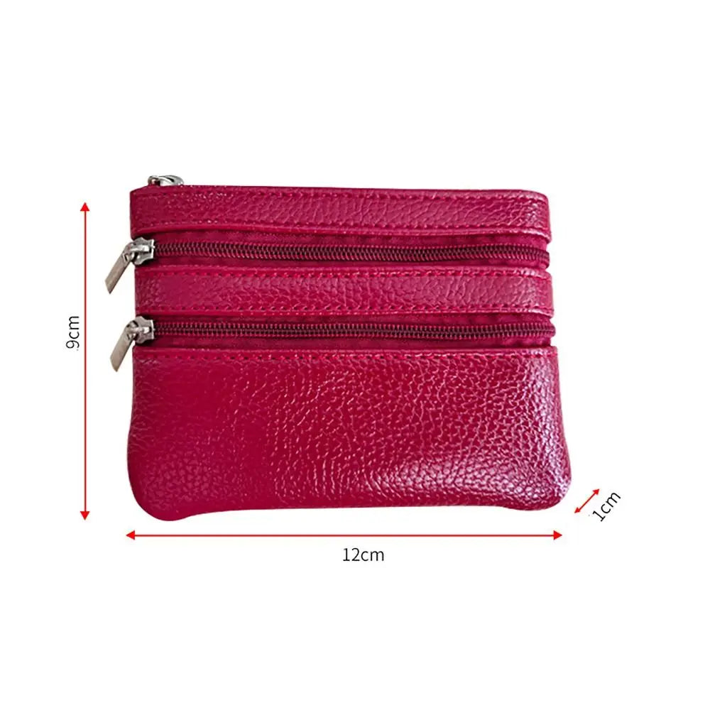 Compact Faux Leather Wallet with Keyring and Triple Zipper Closure