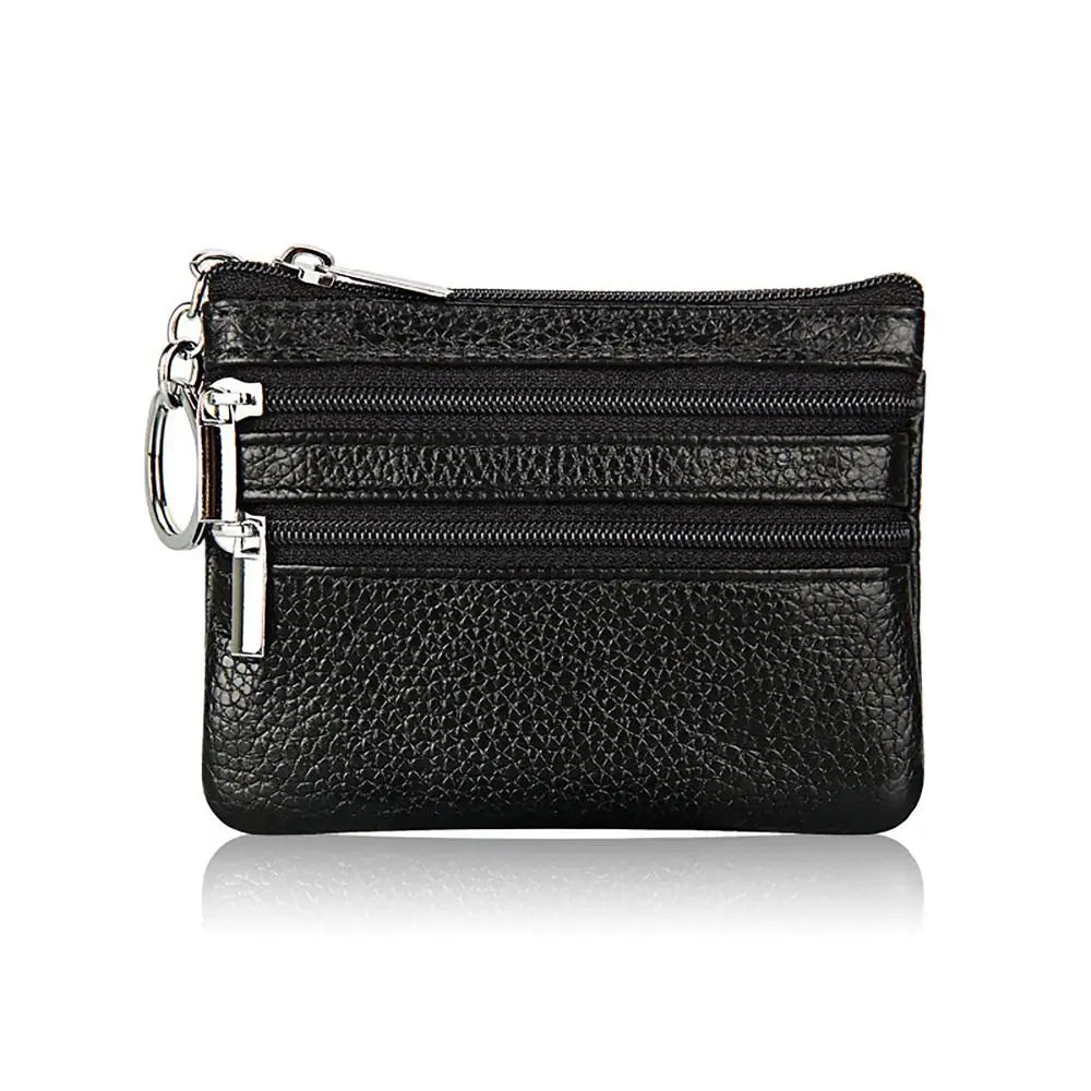Compact Faux Leather Wallet with Keyring and Triple Zipper Closure