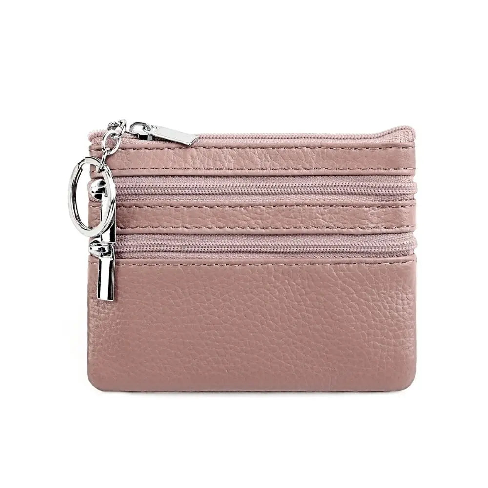 Compact Faux Leather Wallet with Keyring and Triple Zipper Closure
