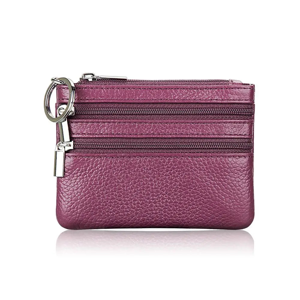 Compact Faux Leather Wallet with Keyring and Triple Zipper Closure