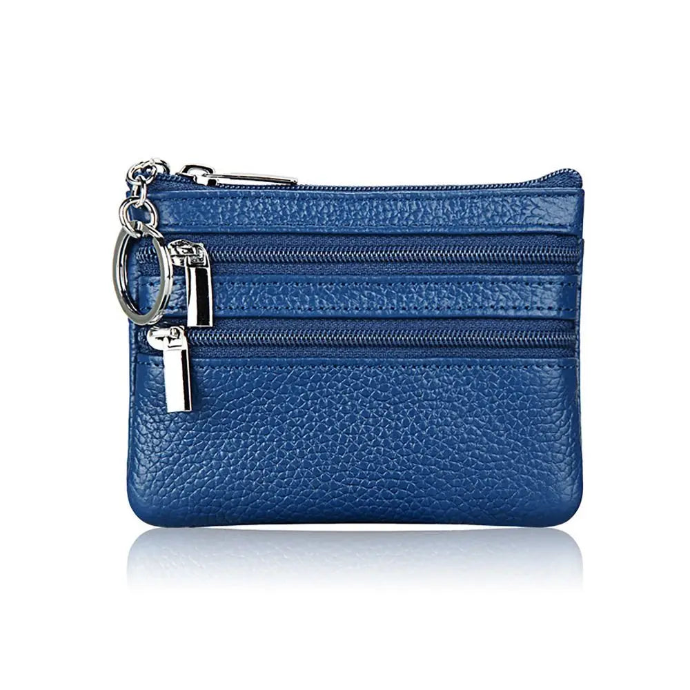 Compact Faux Leather Wallet with Keyring and Triple Zipper Closure
