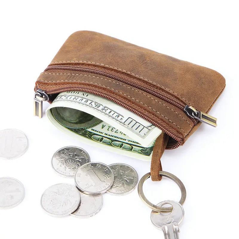Genuine Leather Retro Wallet with Integrated Keychain - Vintage Style