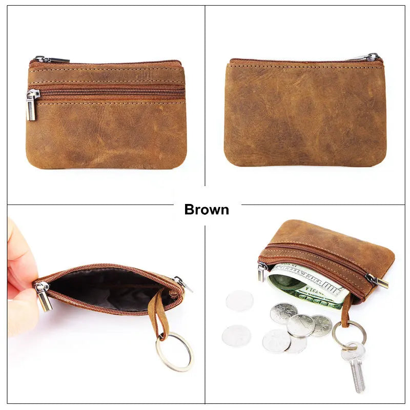 Genuine Leather Retro Wallet with Integrated Keychain - Vintage Style