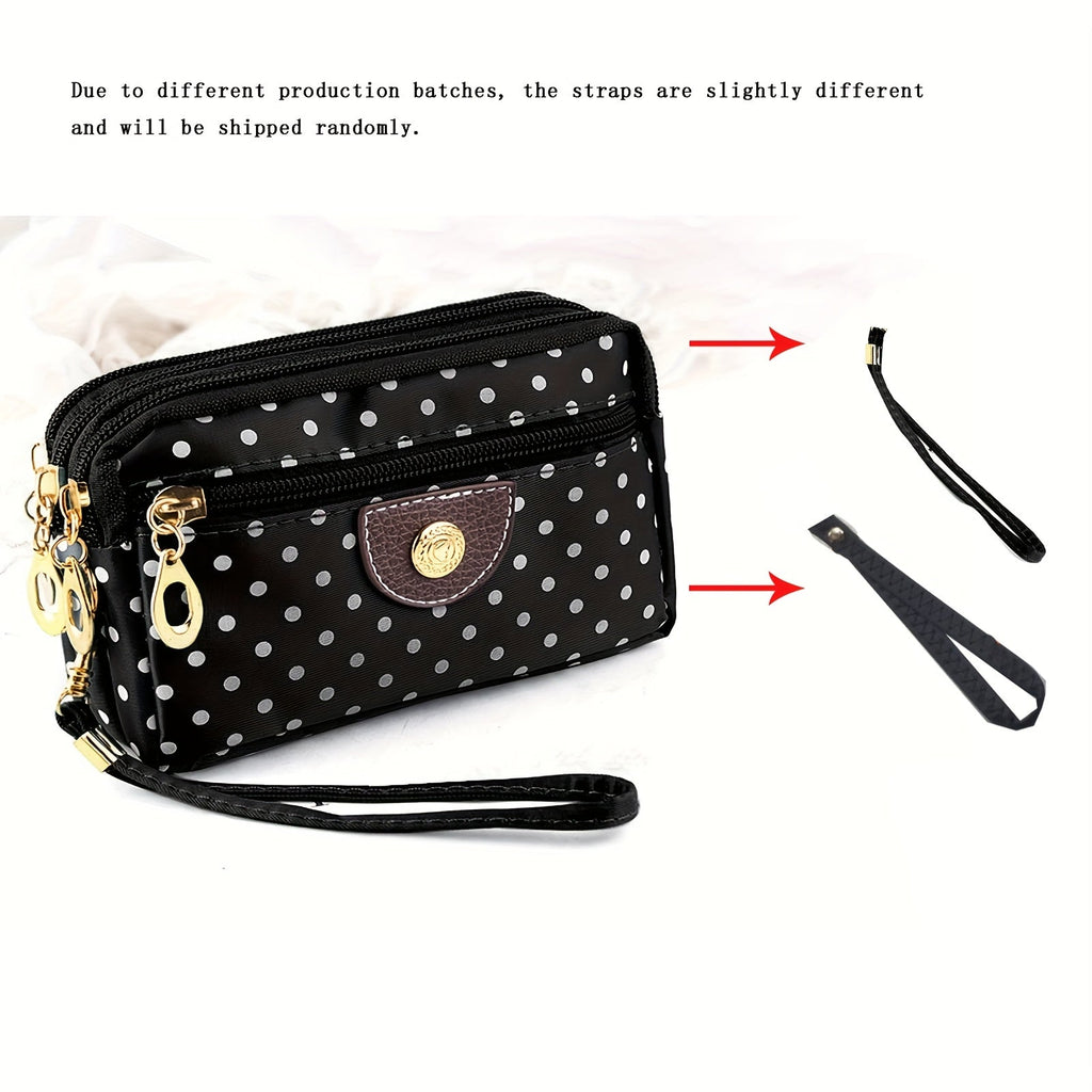 Women's Nylon Coin Purse with Polka Dots, Four Zippered Pockets