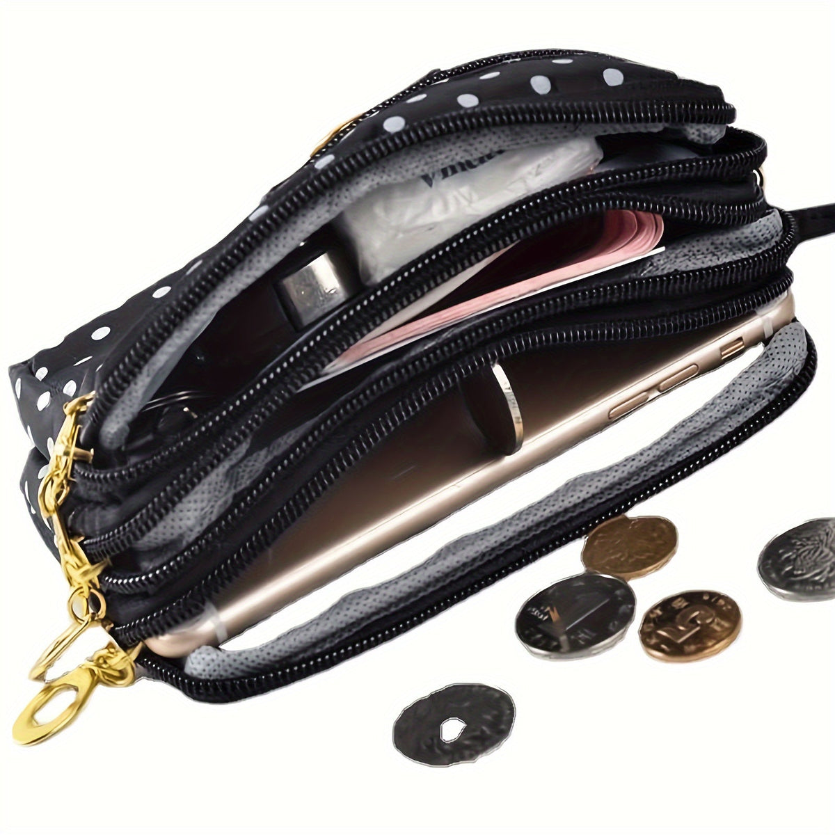 Women's Nylon Coin Purse with Polka Dots, Four Zippered Pockets Image