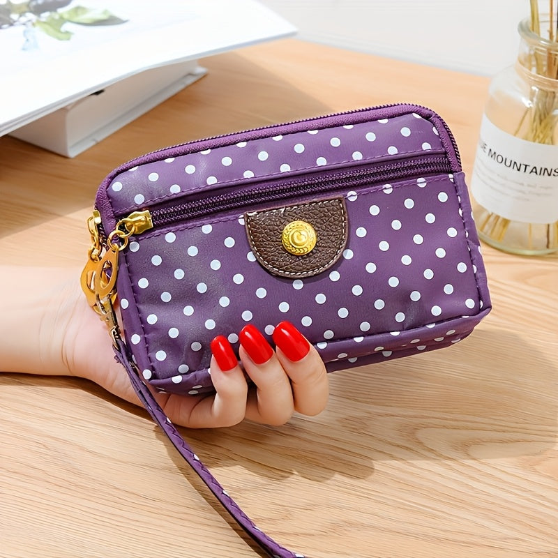 Women's Nylon Coin Purse with Polka Dots, Four Zippered Pockets
