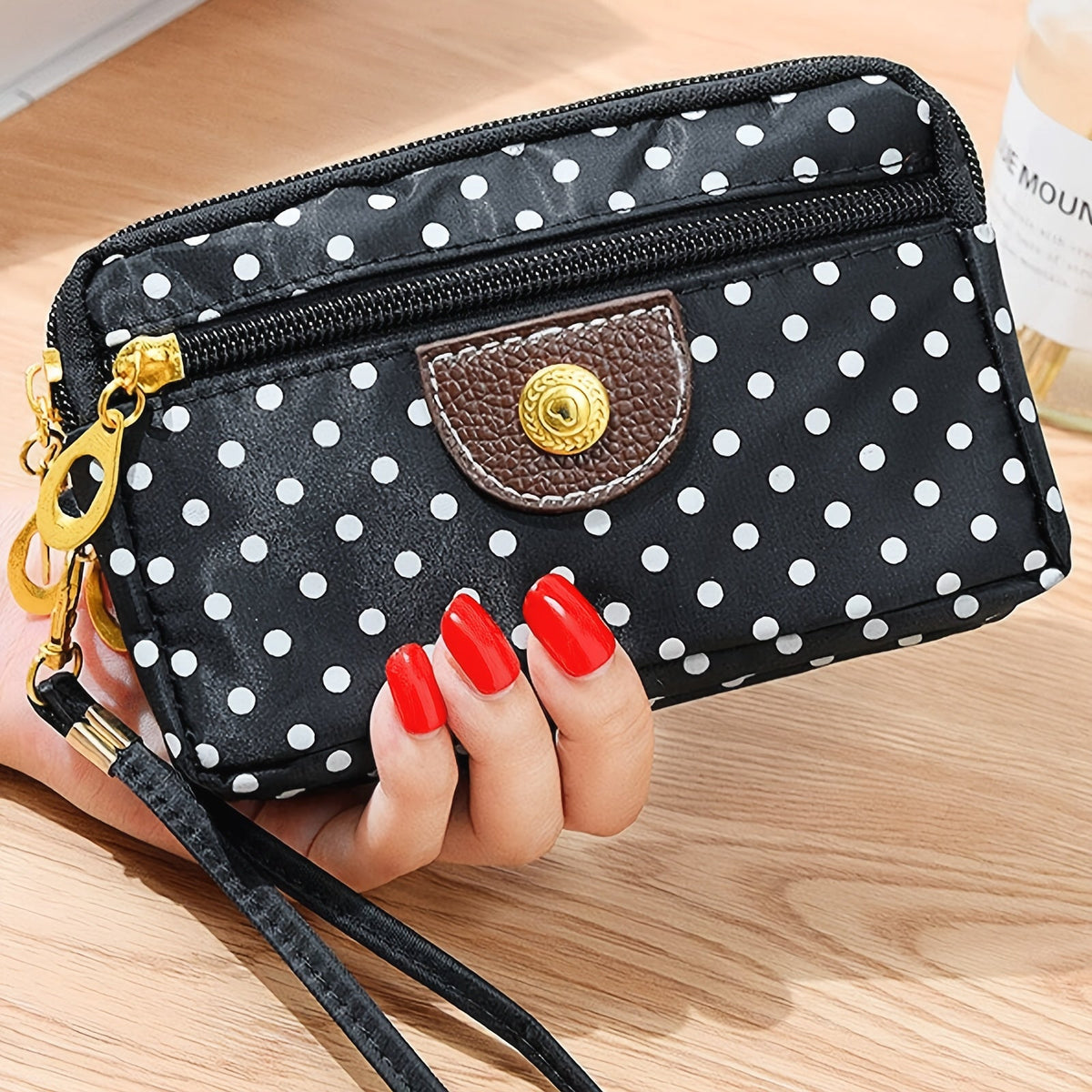 Women's Nylon Coin Purse with Polka Dots, Four Zippered Pockets
