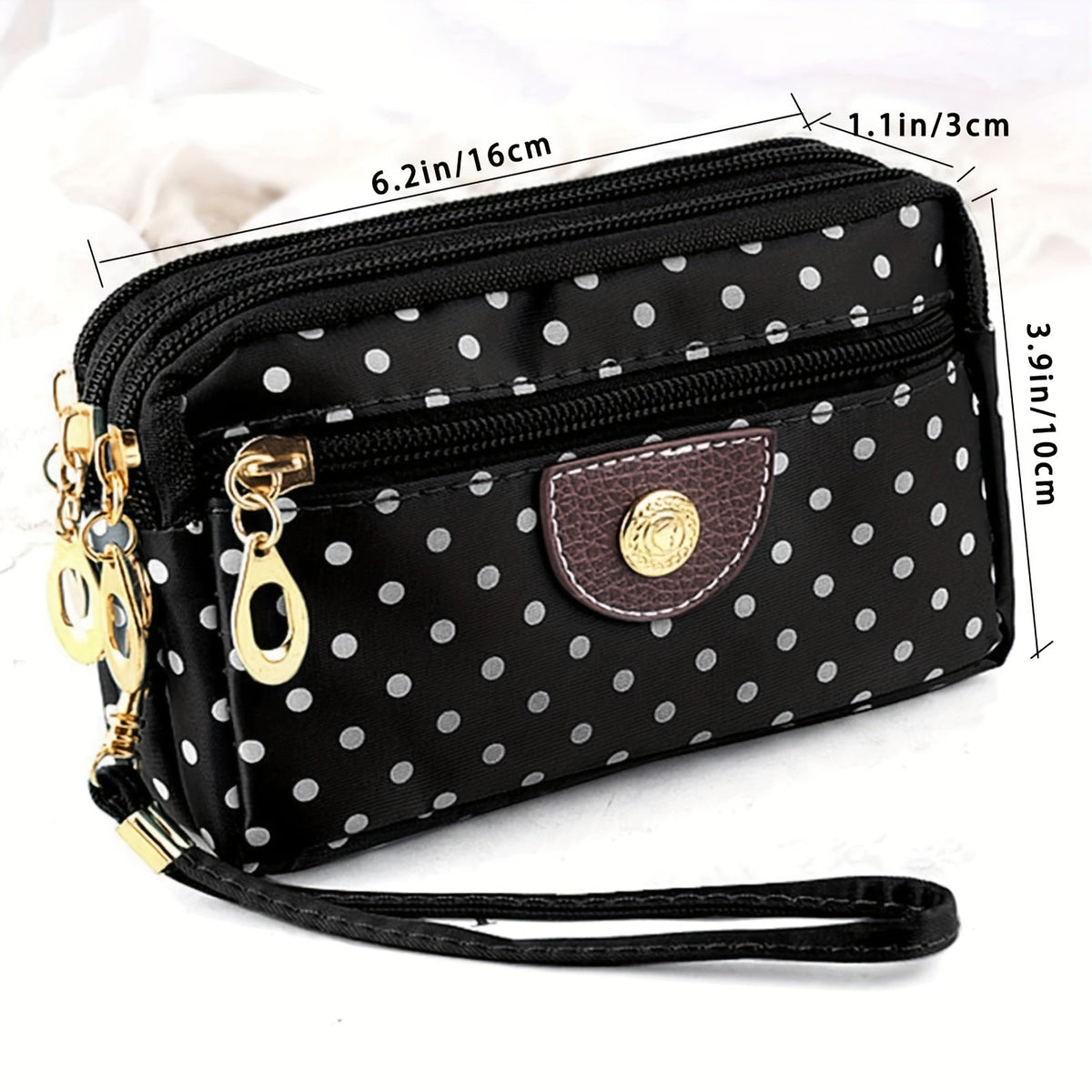 Women's Nylon Coin Purse with Polka Dots, Four Zippered Pockets