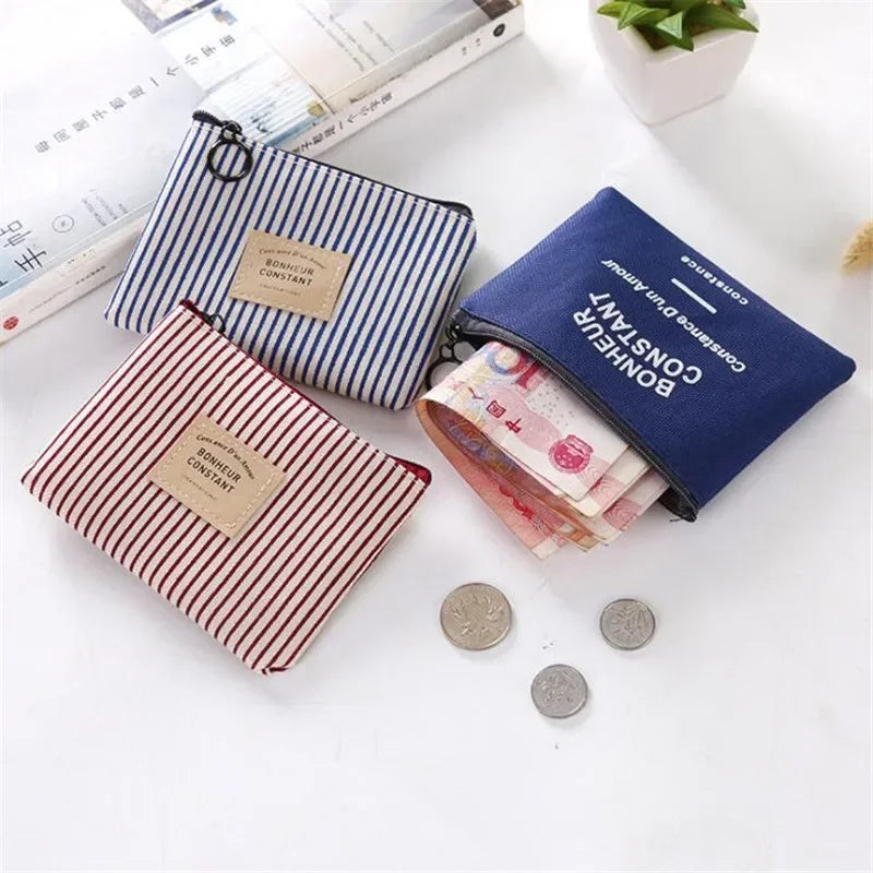 Compact Women's Cotton Fabric Wallet with Zip and Striped Pattern