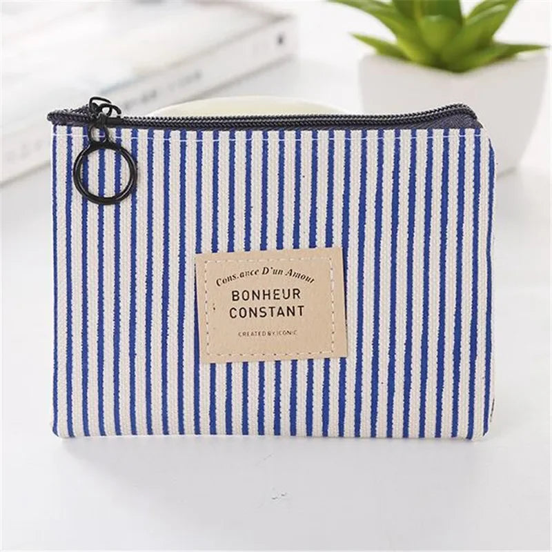 Compact Women's Cotton Fabric Wallet with Zip and Striped Pattern