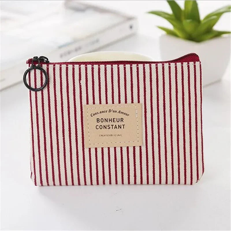 Compact Women's Cotton Fabric Wallet with Zip and Striped Pattern