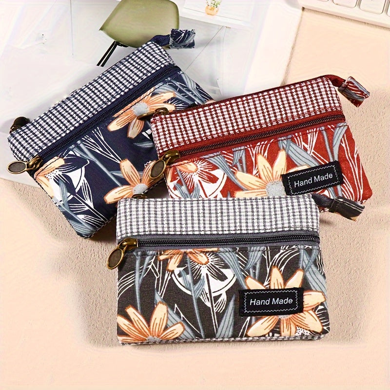 Women's Floral Canvas Wallet with Two Zippers and Gingham