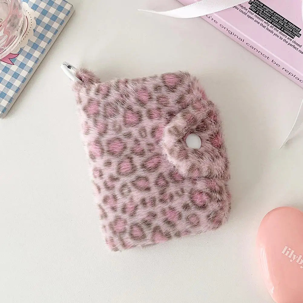 Leopard Plush Wallet with Snap Closure and Zipper Pocket