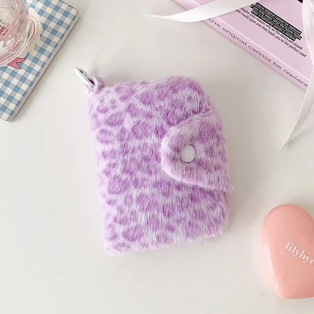 Leopard Plush Wallet with Snap Closure and Zipper Pocket