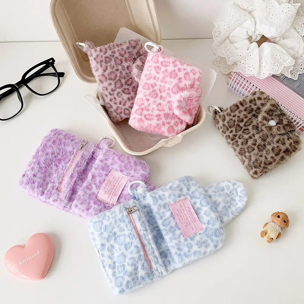 Leopard Plush Wallet with Snap Closure and Zipper Pocket