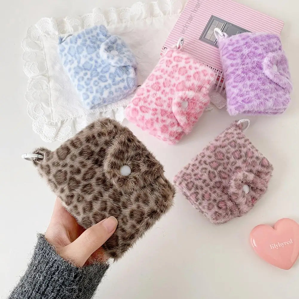 Leopard Plush Wallet with Snap Closure and Zipper Pocket