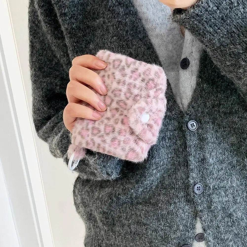 Leopard Plush Wallet with Snap Closure and Zipper Pocket