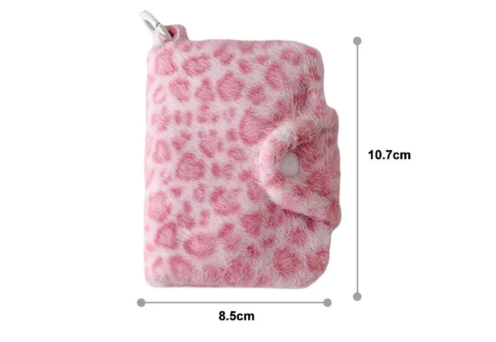 Leopard Plush Wallet with Snap Closure and Zipper Pocket