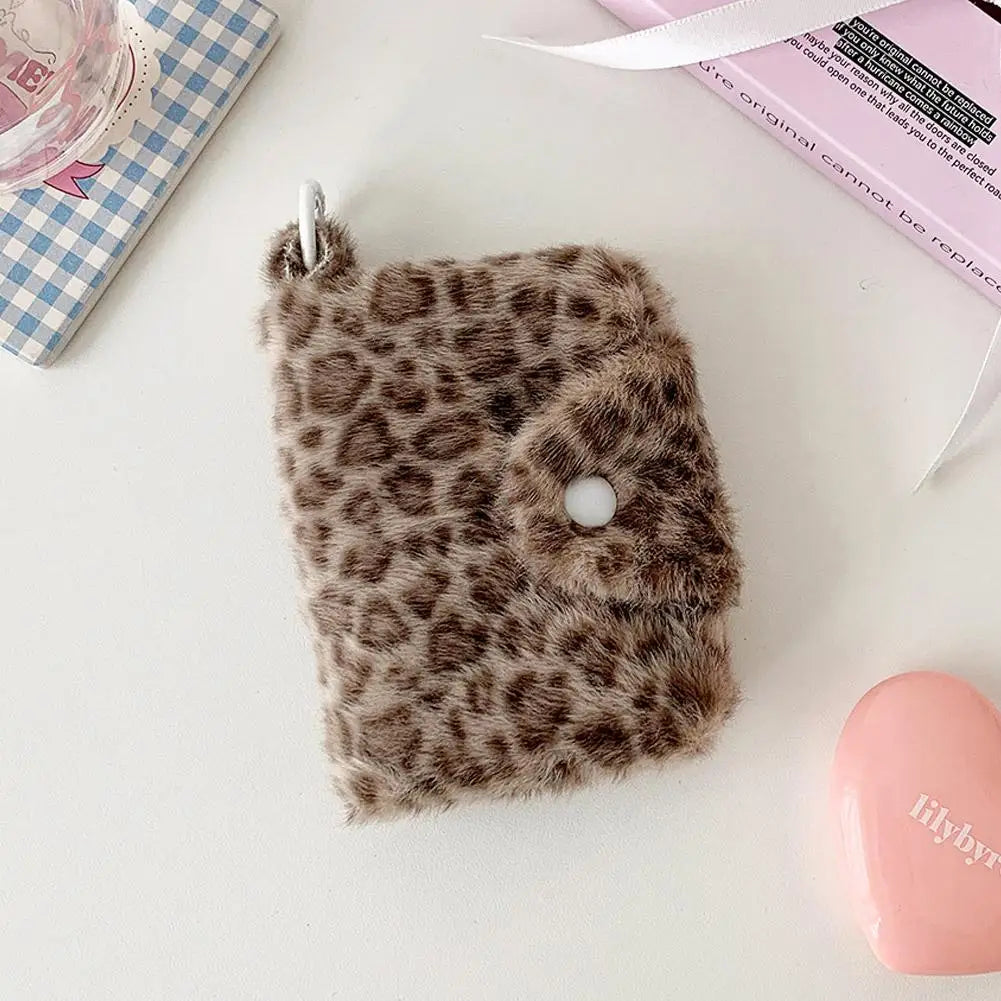 Leopard Plush Wallet with Snap Closure and Zipper Pocket