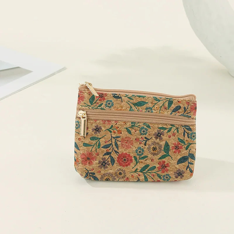 Compact Natural Cork Wallet with Keyring and Multi-Function Zipper