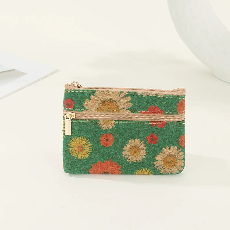 Compact Natural Cork Wallet with Keyring and Multi-Function Zipper