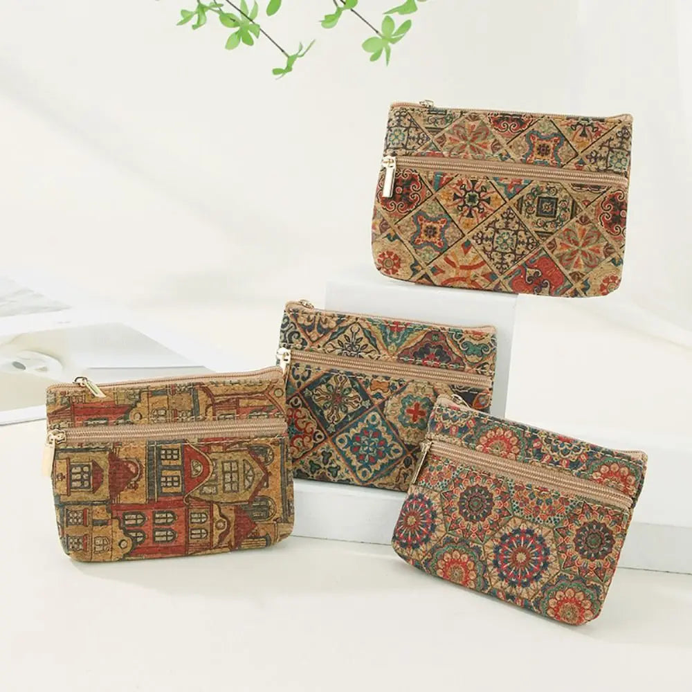Compact Double-Zip Ethnic Pattern Cork Wallet