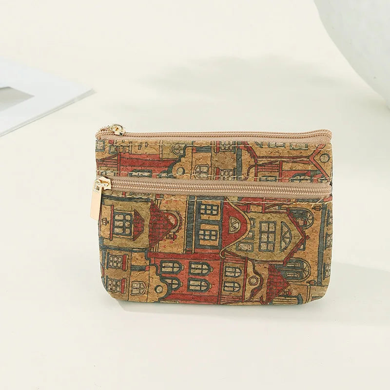 Compact Double-Zip Ethnic Pattern Cork Wallet