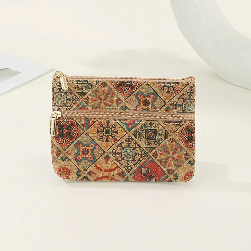 Compact Double-Zip Ethnic Pattern Cork Wallet