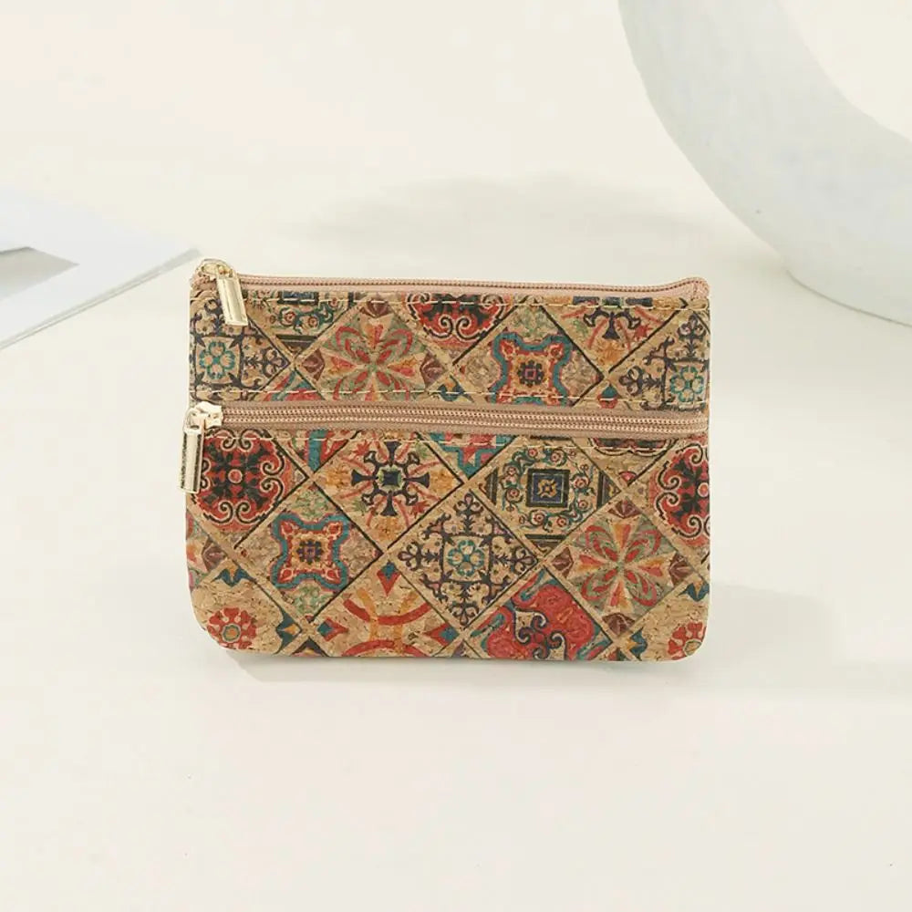 Compact Double-Zip Ethnic Pattern Cork Wallet