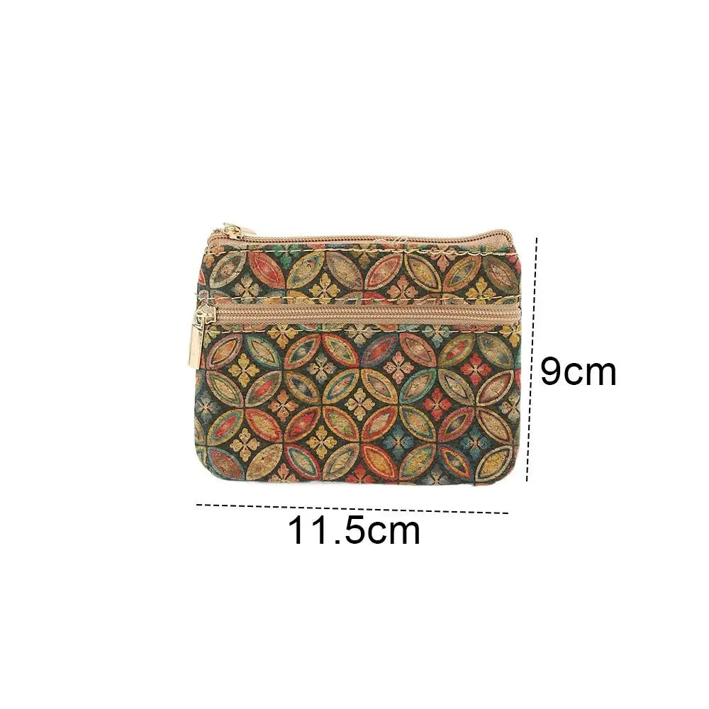 Compact Double-Zip Ethnic Pattern Cork Wallet