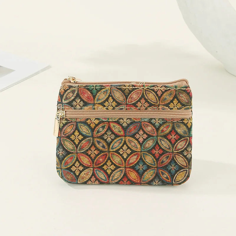Compact Double-Zip Ethnic Pattern Cork Wallet