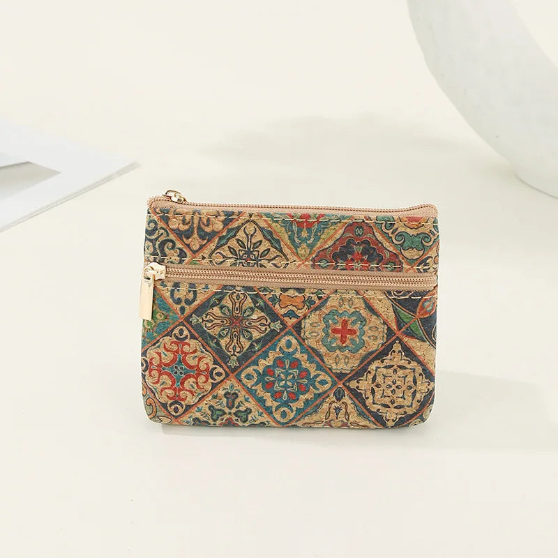 Compact Double-Zip Ethnic Pattern Cork Wallet