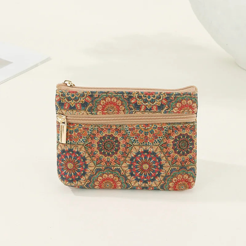 Compact Double-Zip Ethnic Pattern Cork Wallet