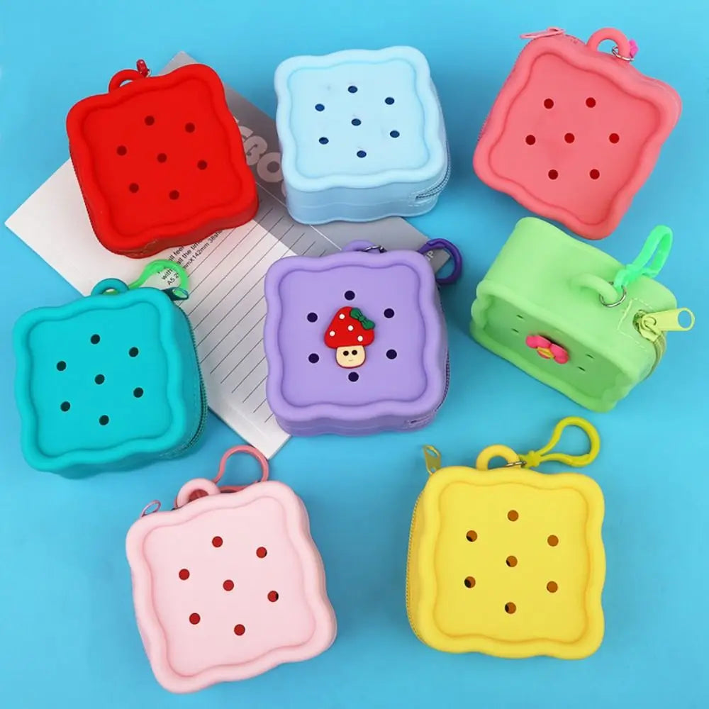 Square Silicone Wallet with Zipper Closure and Colorful Keychain
