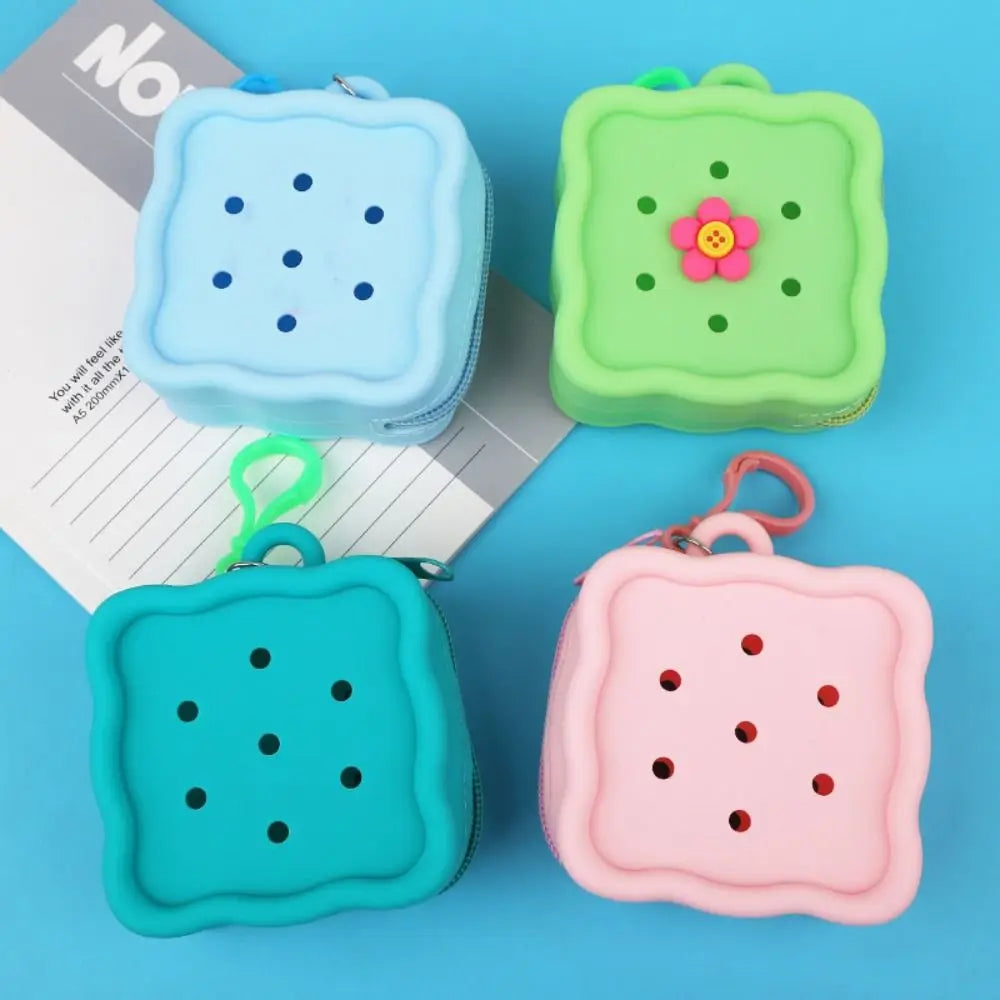 Square Silicone Wallet with Zipper Closure and Colorful Keychain