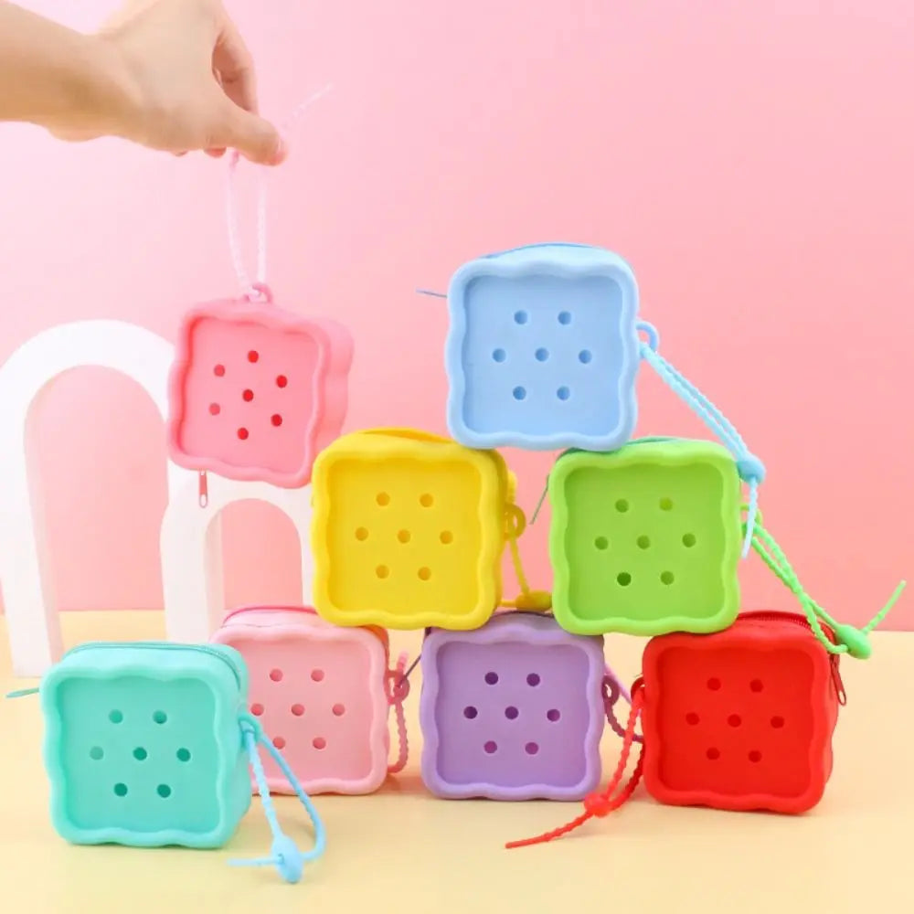 Square Silicone Wallet with Zipper Closure and Colorful Keychain