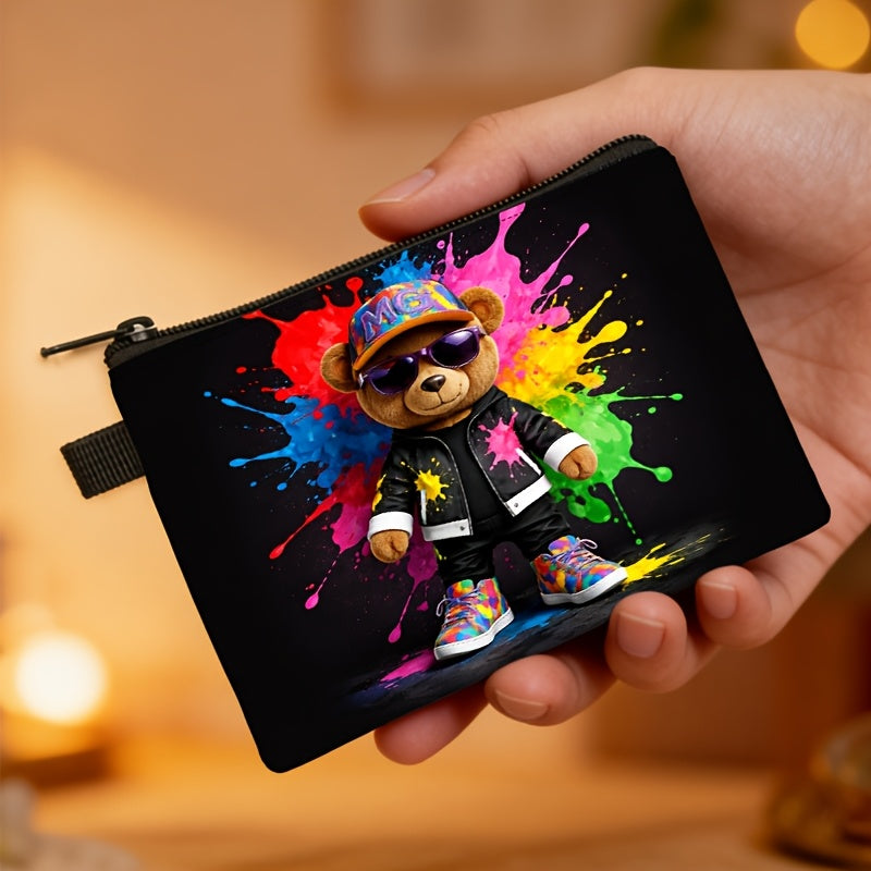 Zippered Wallet with Multicolor Graffiti Bear Print