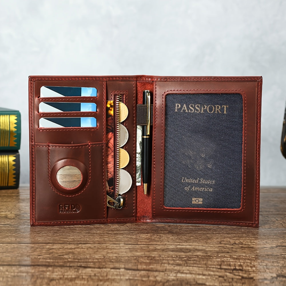 Men's Black Leather Passport Holder, RFID Blocking and Tracker
