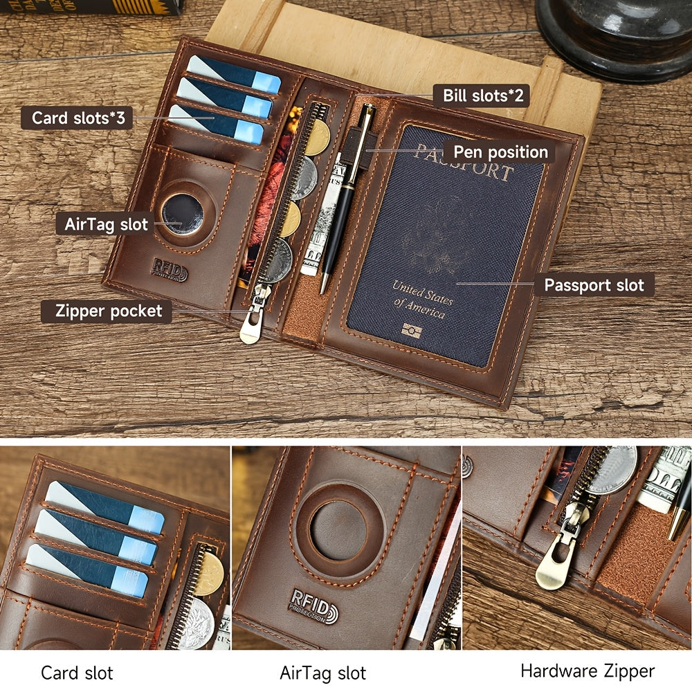 Men's Black Leather Passport Holder, RFID Blocking and Tracker