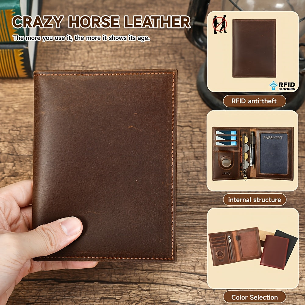 Men's Black Leather Passport Holder, RFID Blocking and Tracker