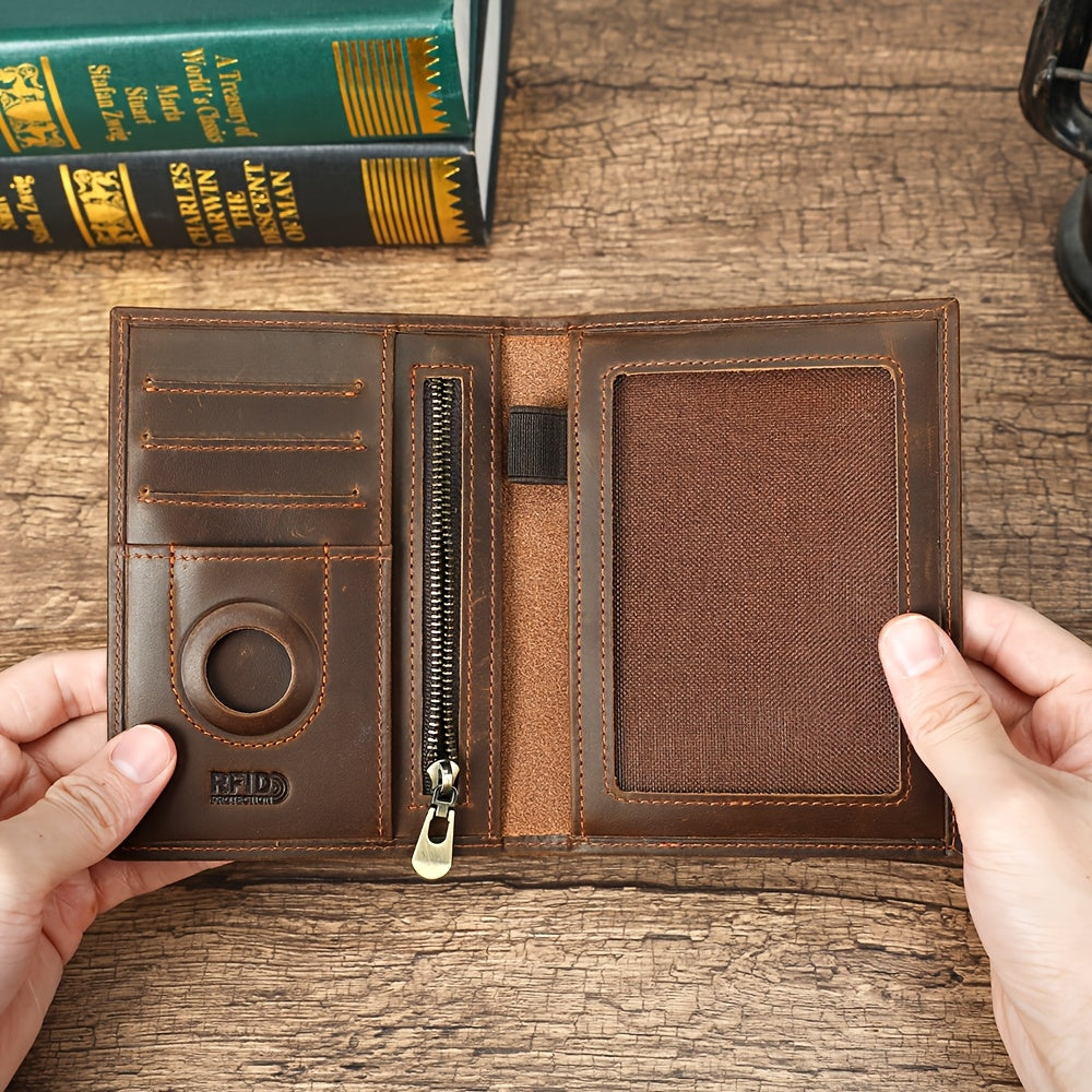 Men's Black Leather Passport Holder, RFID Blocking and Tracker