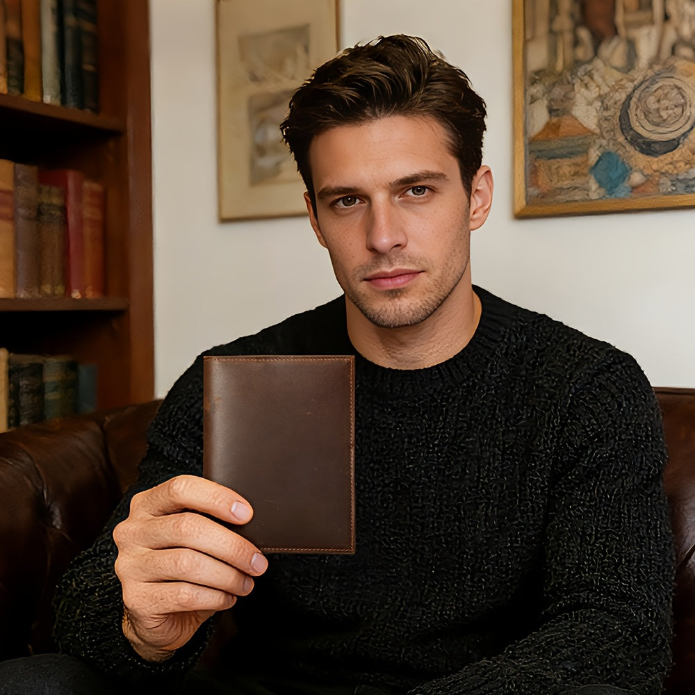 Men's Black Leather Passport Holder, RFID Blocking and Tracker