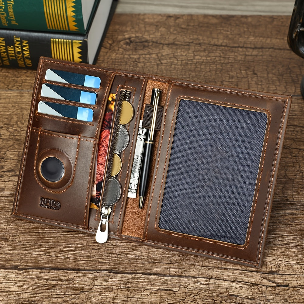 Men's Black Leather Passport Holder, RFID Blocking and Tracker