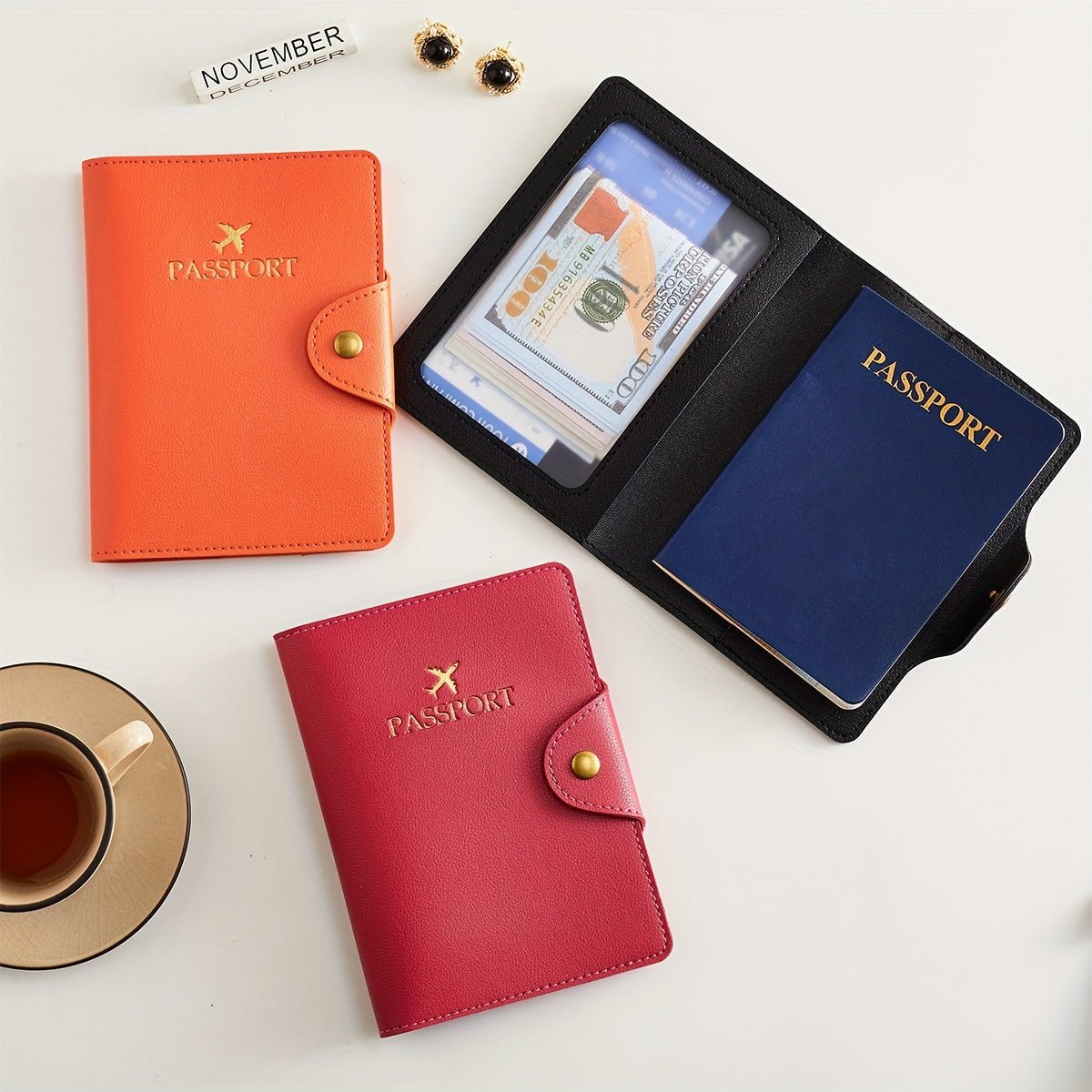 Faux leather passport holder with metal clasp, 5 colors