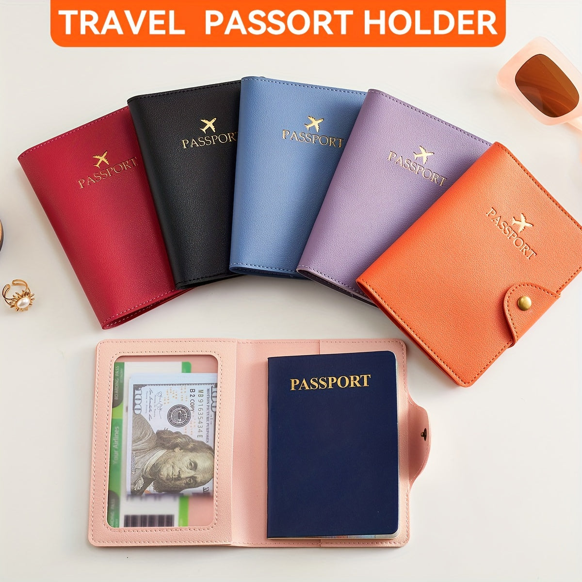 Faux leather passport holder with metal clasp, 5 colors