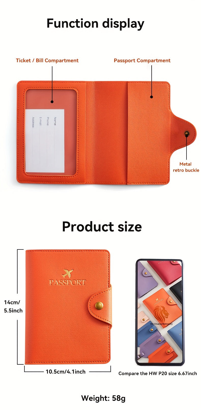 Faux leather passport holder with metal clasp, 5 colors