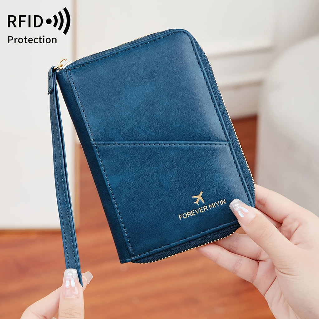 Zippered RFID-blocking Passport Holder with 11 Slots and Wrist Strap