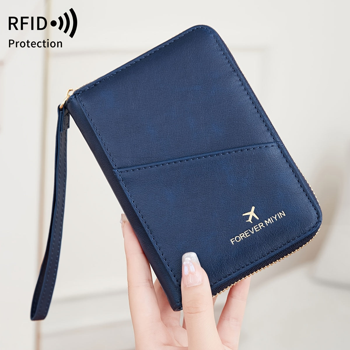 Zippered RFID-blocking Passport Holder with 11 Slots and Wrist Strap