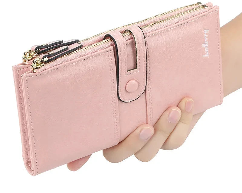 Long Soft PU Leather Wallet with Buckle and Double Zip for Women